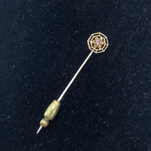 10K Yellow Gold Floral Stick Pin W/Pink Rhinestone